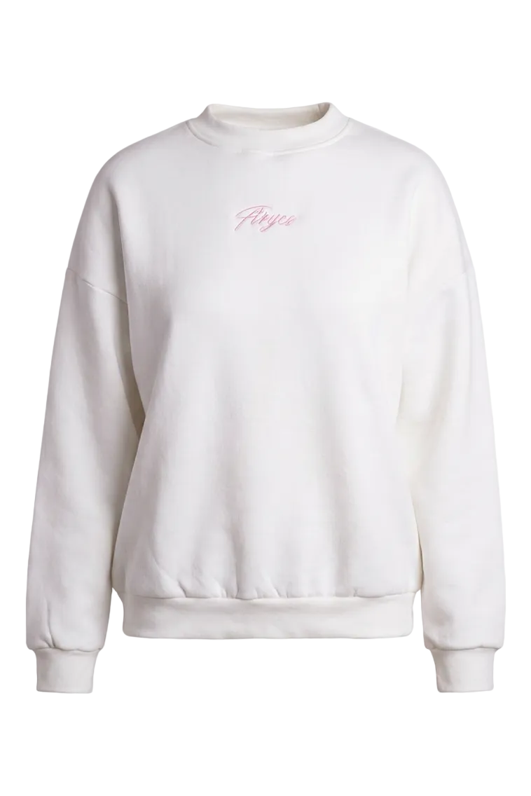 White sweatshirt with pink text